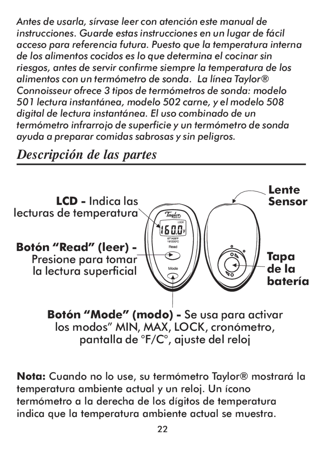 Taylor 512 instruction manual Descripción de las partes 