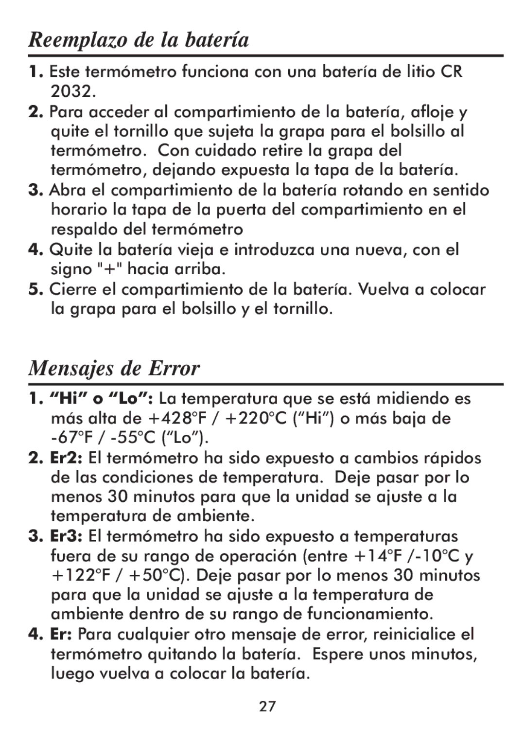 Taylor 512 instruction manual Reemplazo de la batería, Mensajes de Error 