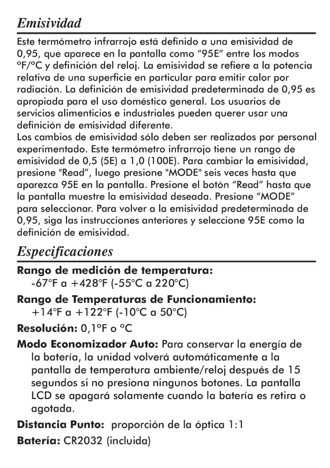 Taylor 512 Emisividad, Especificaciones, Rango de medición de temperatura, Rango de Temperaturas de Funcionamiento 