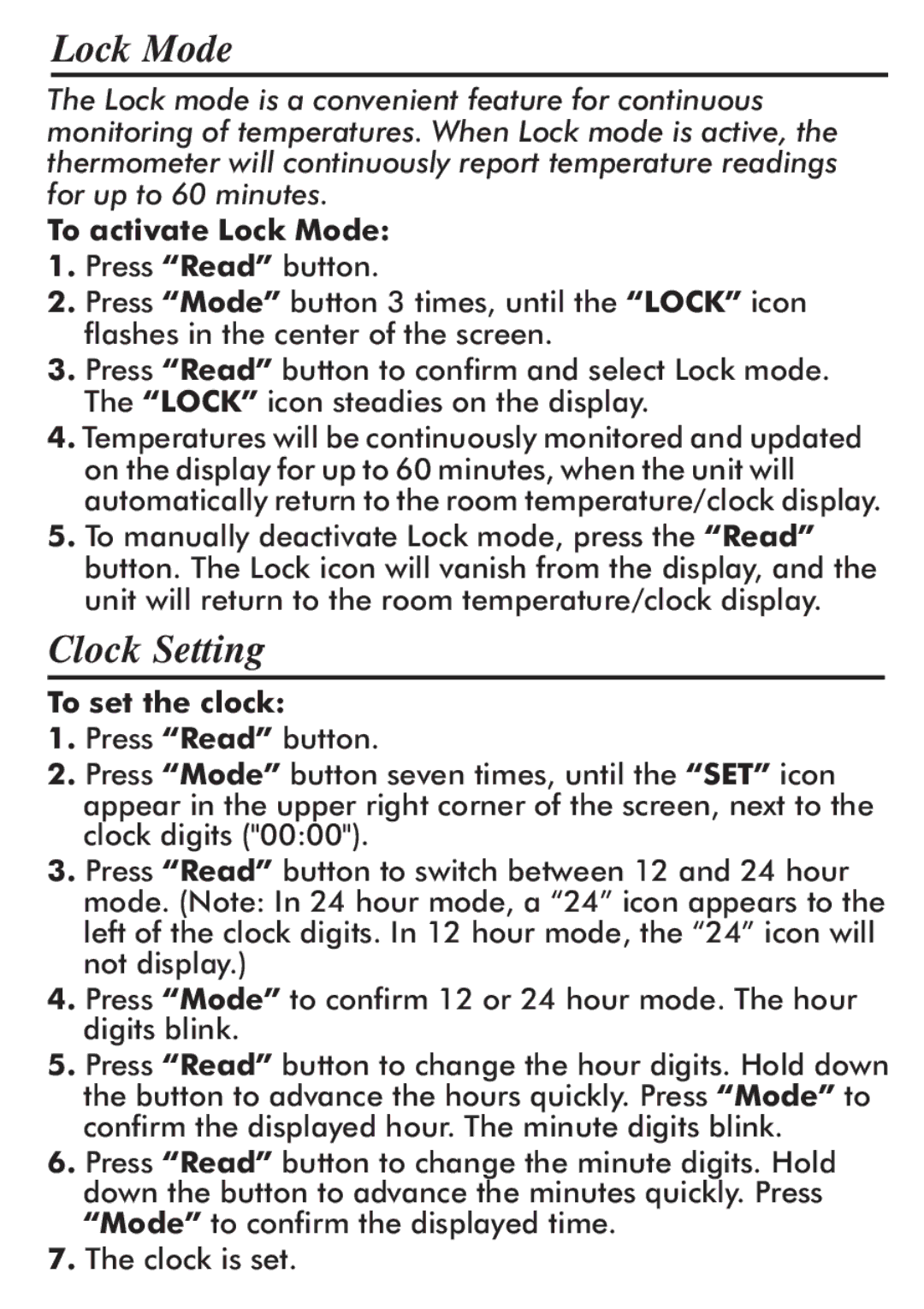 Taylor 512 instruction manual Clock Setting, To activate Lock Mode, To set the clock 