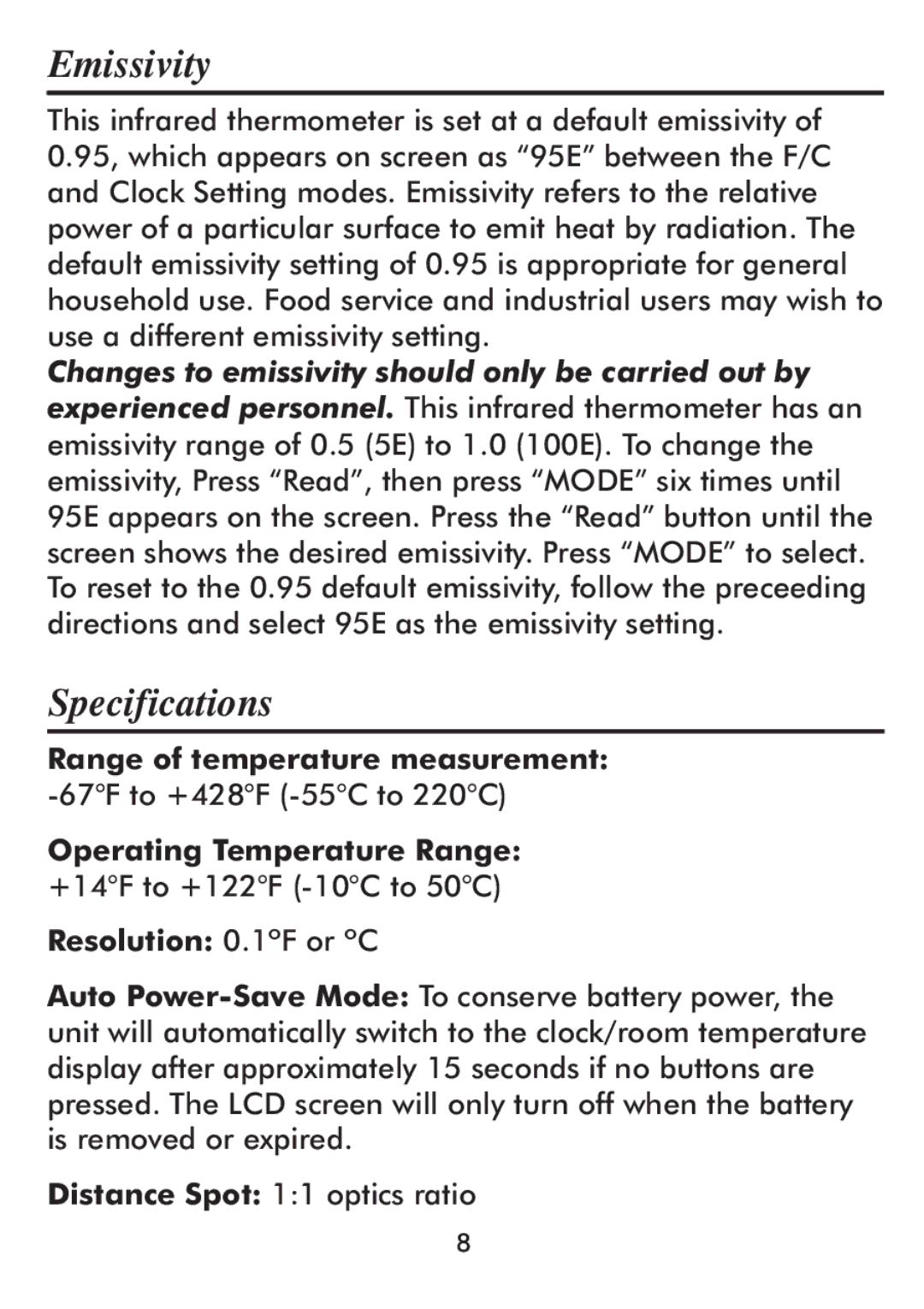 Taylor 512 instruction manual Emissivity, Specifications, Range of temperature measurement, Operating Temperature Range 