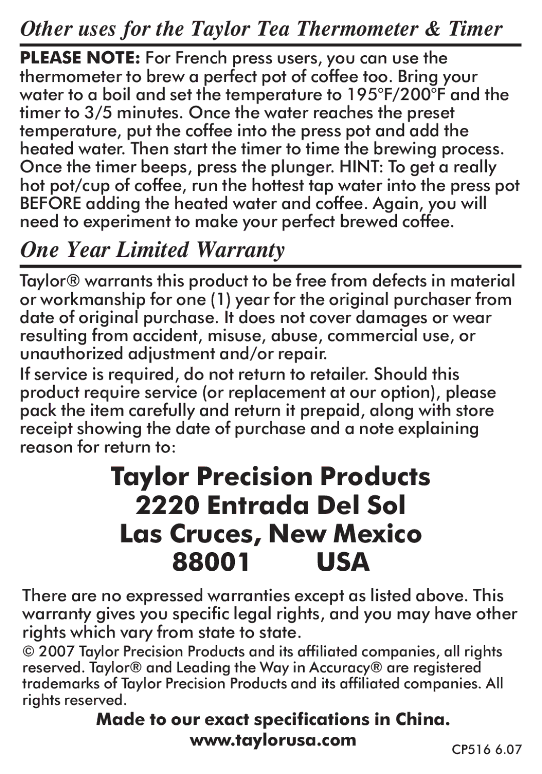 Taylor 516 instruction manual One Year Limited Warranty, Other uses for the Taylor Tea Thermometer & Timer 