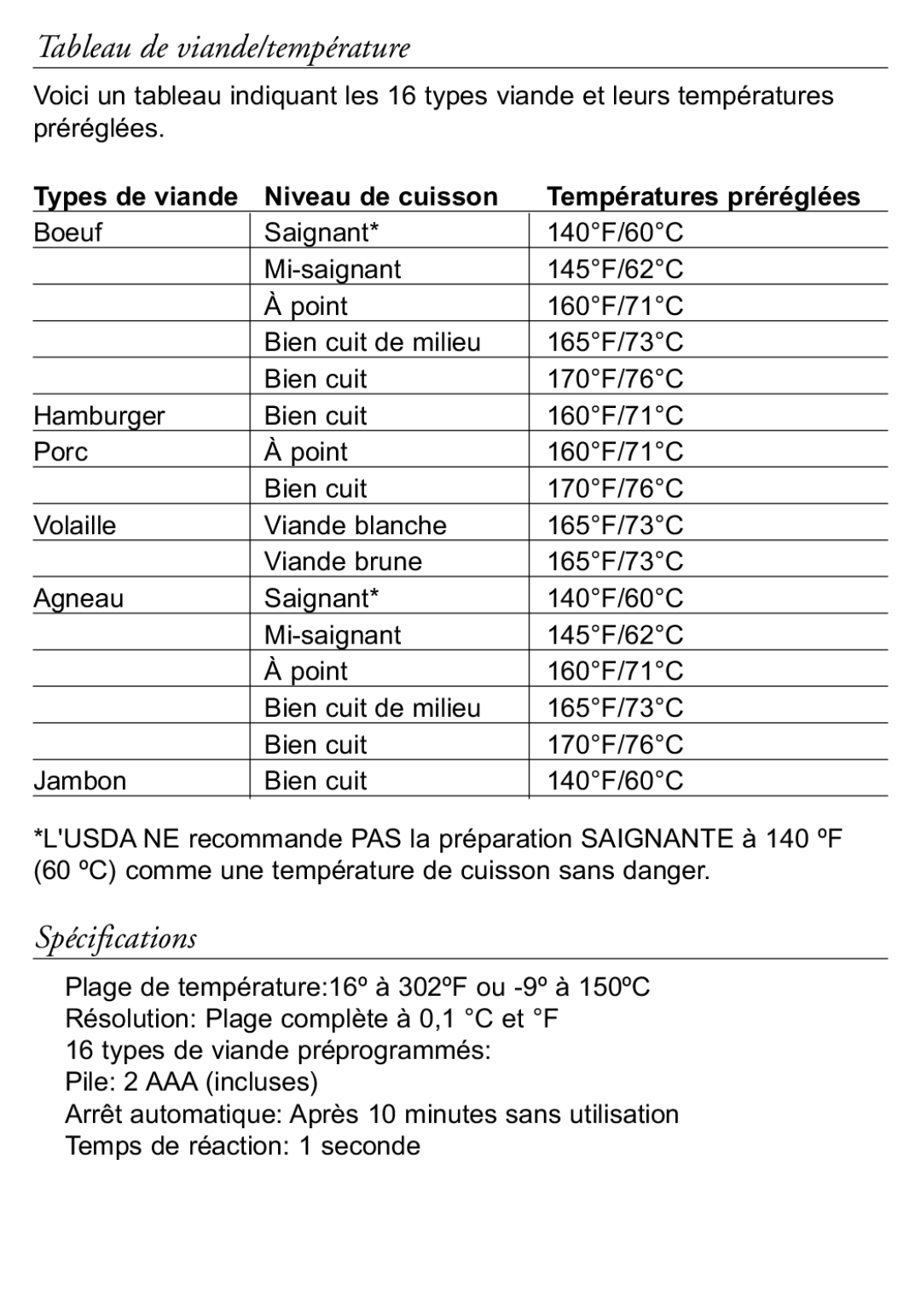 Taylor 518 instruction manual Tableau de viande/température, Spécifications 