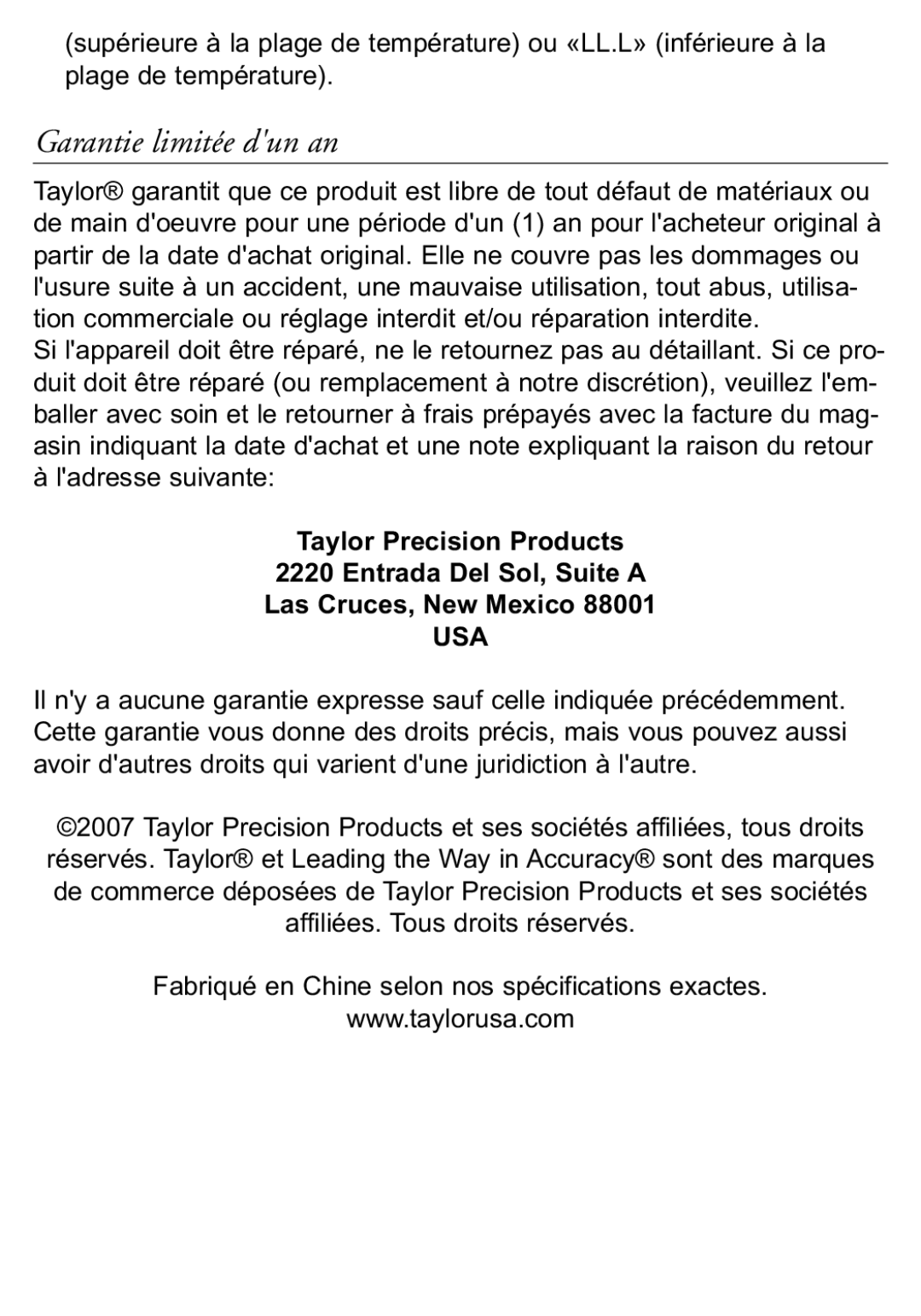 Taylor 518 instruction manual Garantie limitée dun an 