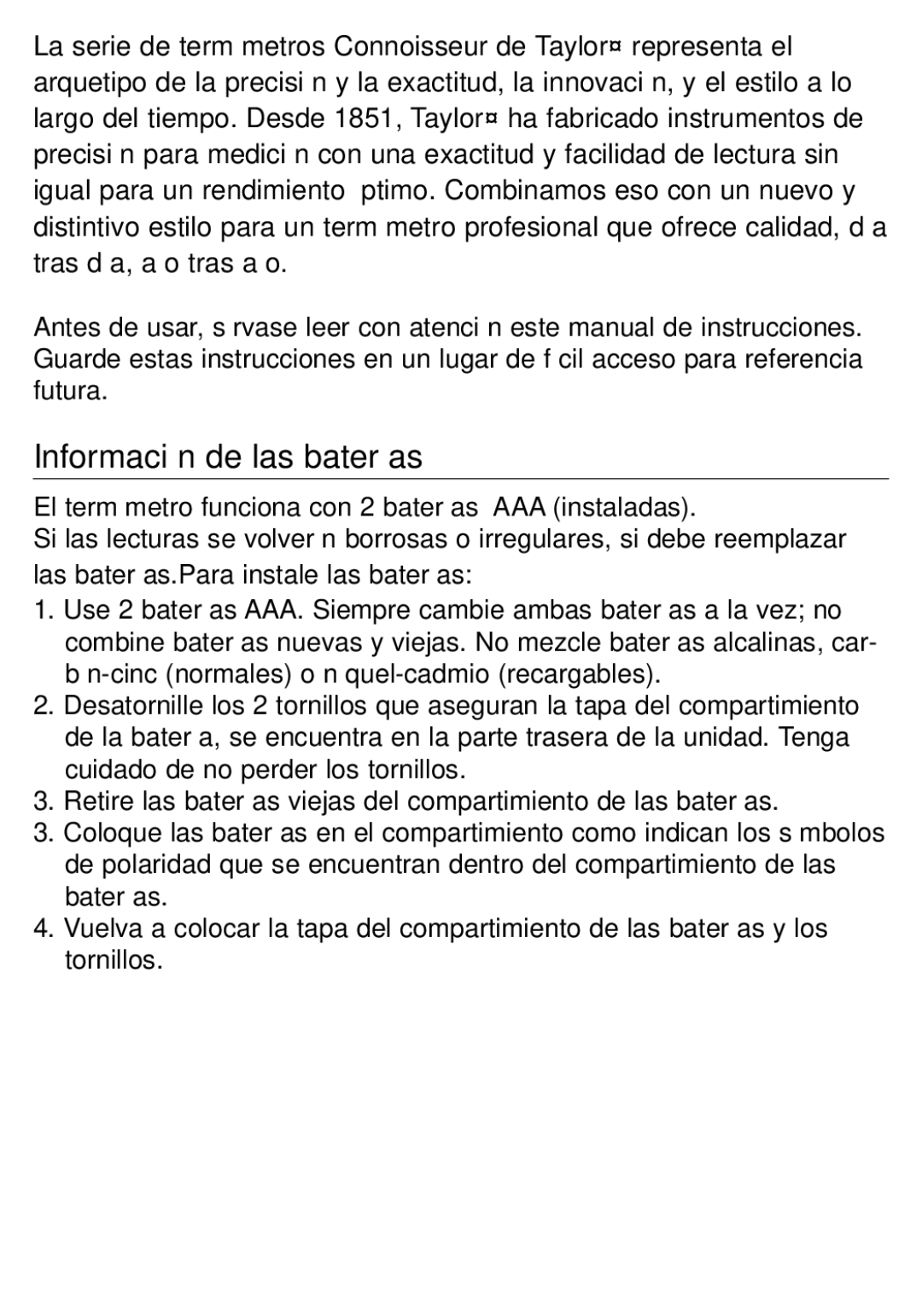 Taylor 518 instruction manual Información de las baterías 