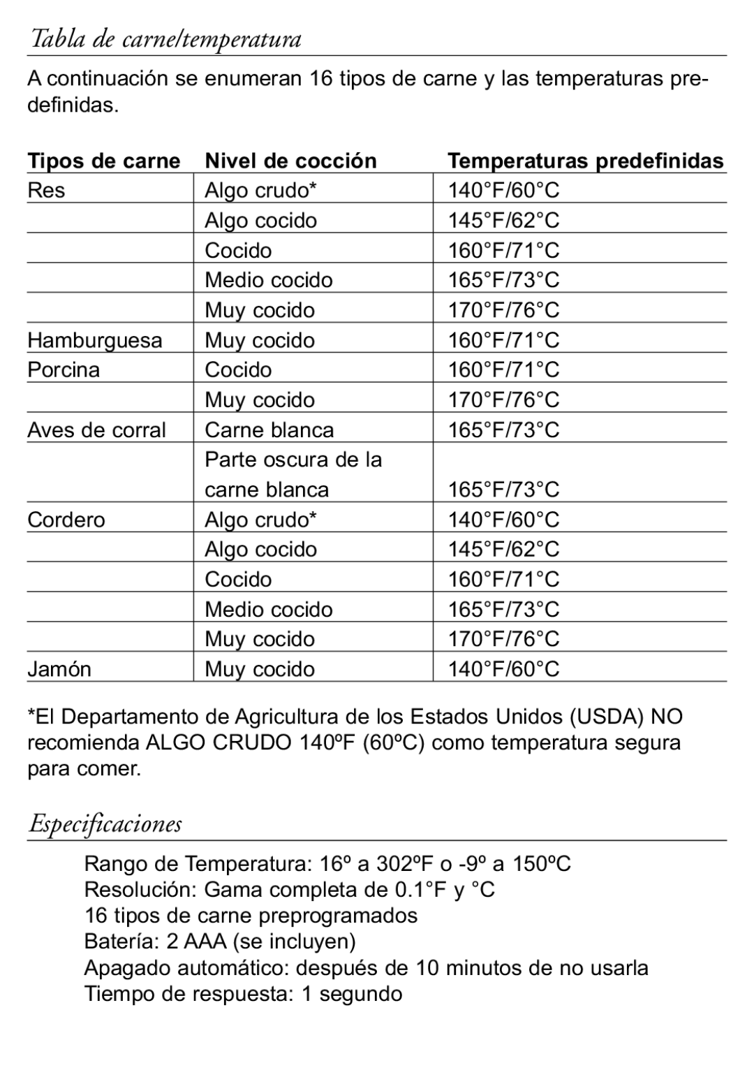 Taylor 518 instruction manual Tabla de carne/temperatura, Especificaciones 