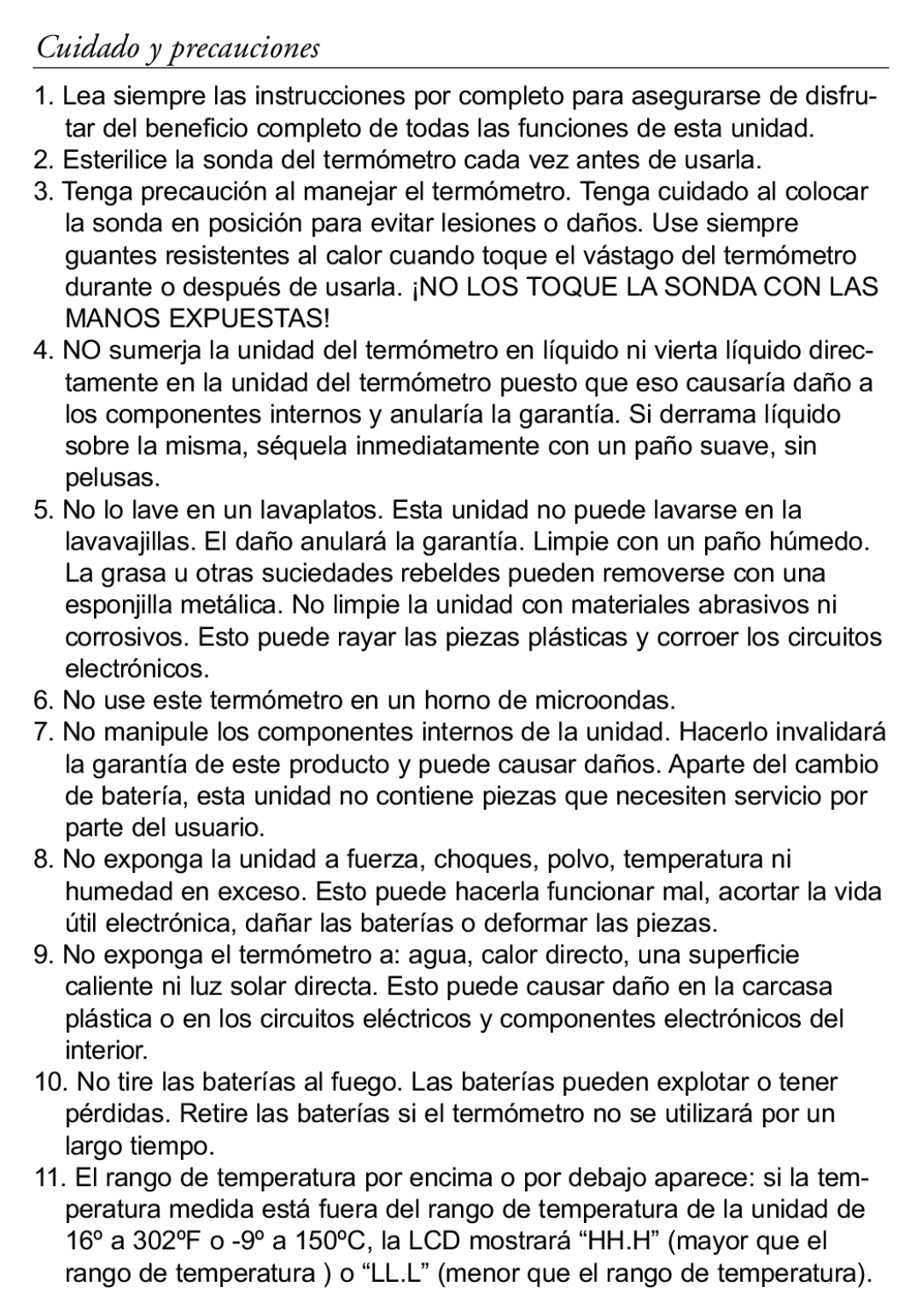 Taylor 518 instruction manual Cuidado y precauciones 