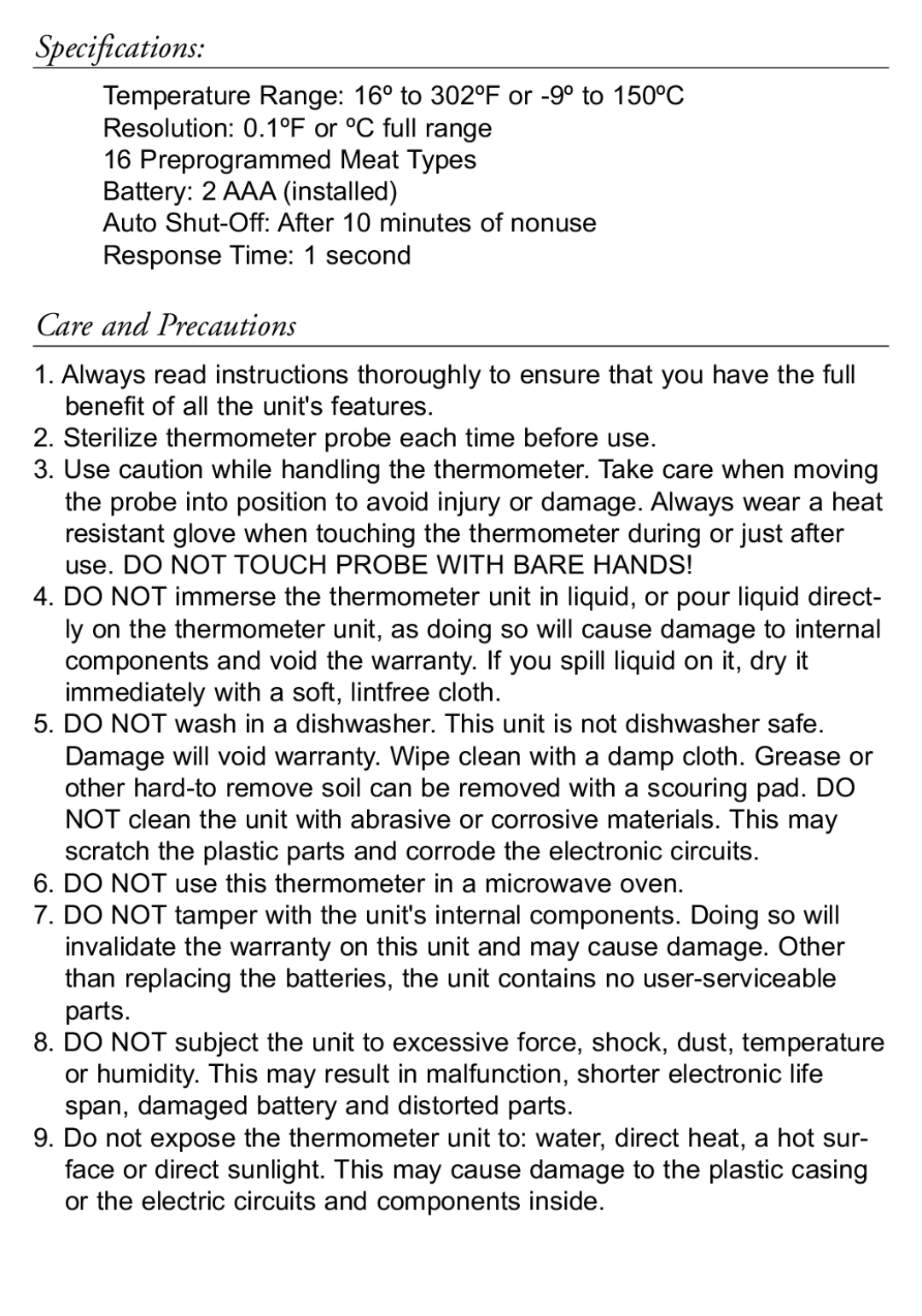 Taylor 518 instruction manual Specifications, Care and Precautions 