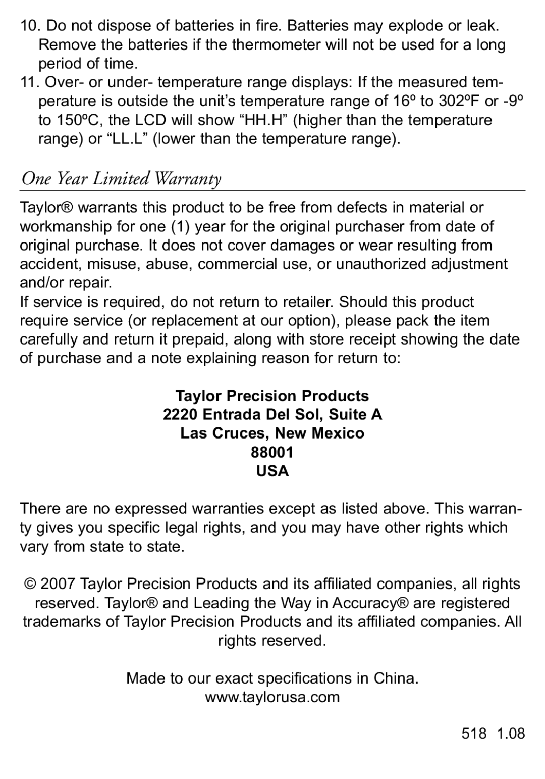 Taylor 518 instruction manual One Year Limited Warranty, Usa 