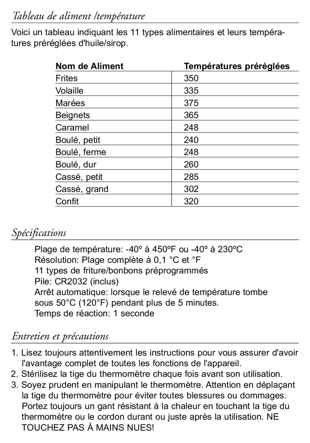 Taylor 519 instruction manual Tableau de aliment /température, Spécifications, Entretien et précautions 