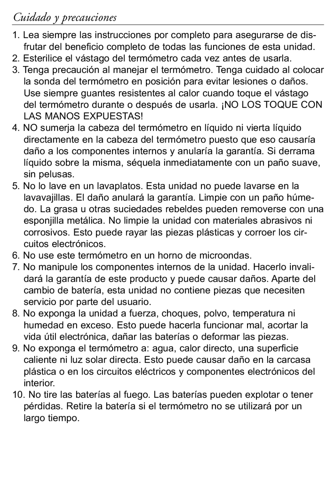 Taylor 519 instruction manual Cuidado y precauciones 