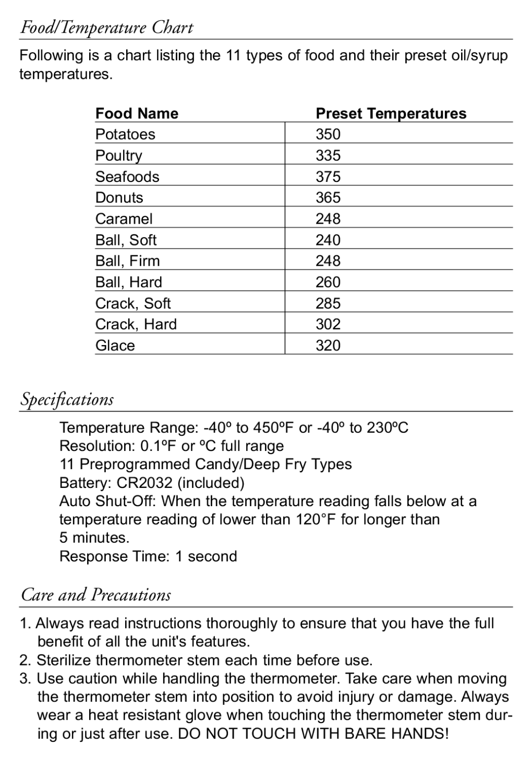 Taylor 519 instruction manual Food/Temperature Chart, Specifications, Care and Precautions 