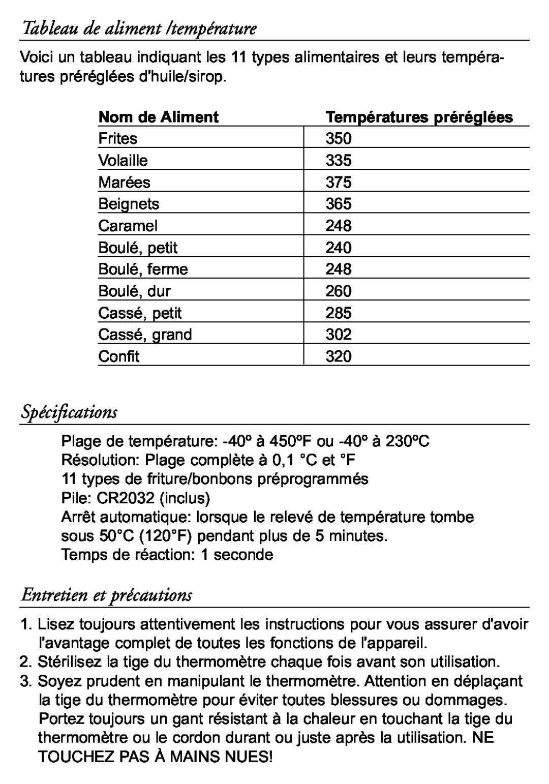 Taylor 519 instruction manual Tableau de aliment /température, Spécifications, Entretien et précautions, Nom de Aliment 