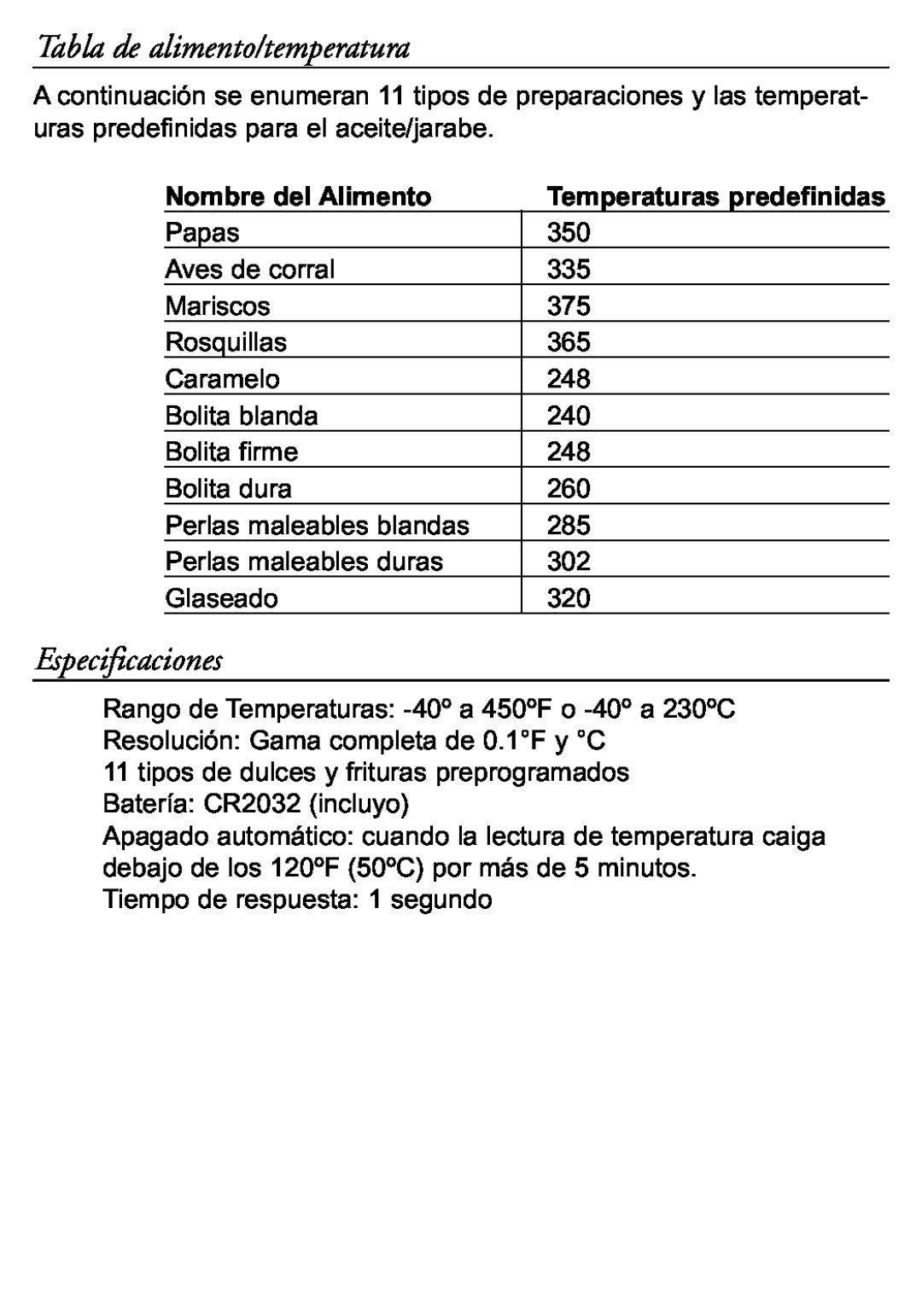Taylor 519 instruction manual Tabla de alimento/temperatura, Especificaciones, Nombre del Alimento 