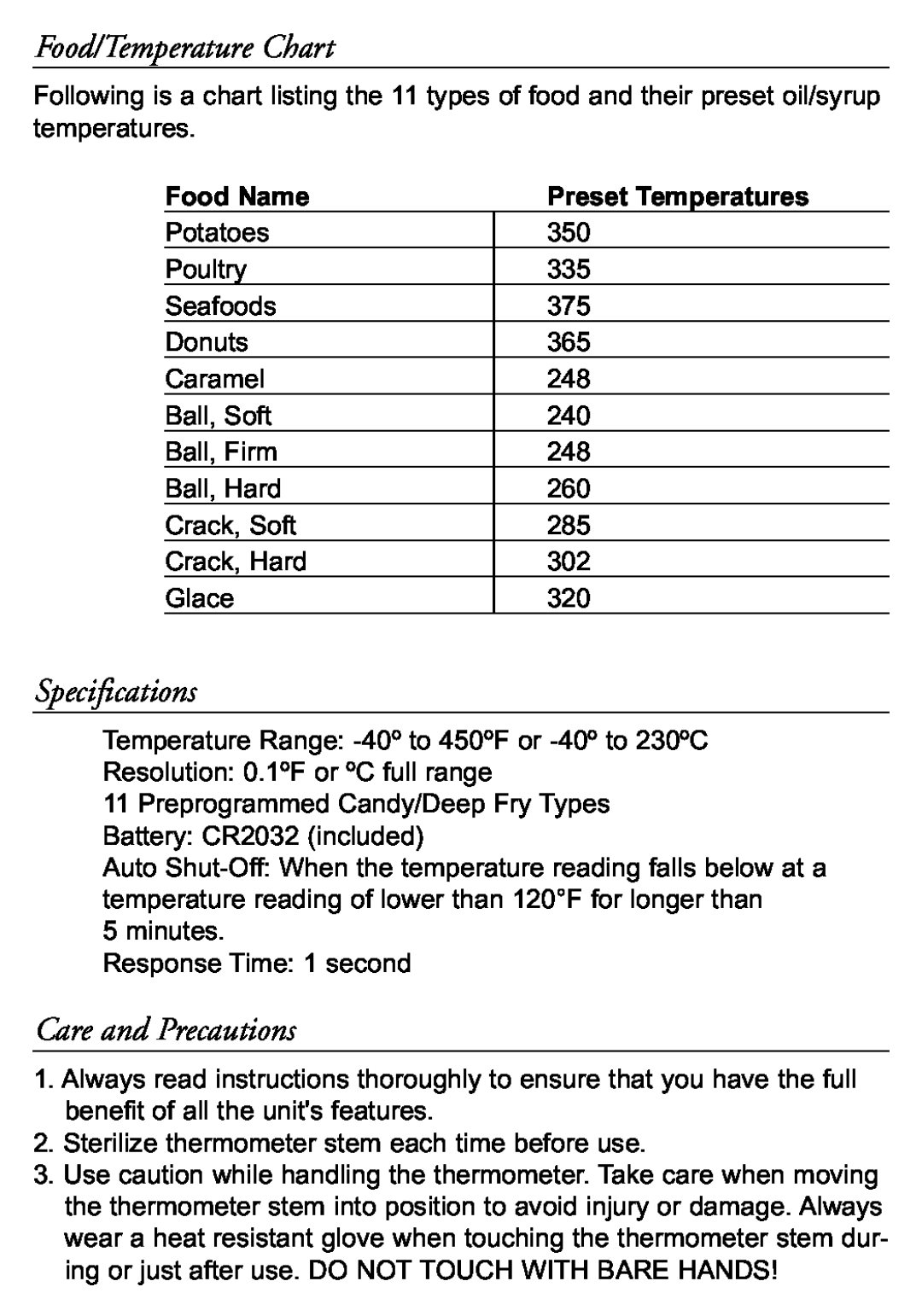 Taylor 519 instruction manual Food/Temperature Chart, Specifications, Care and Precautions, Food Name, Preset Temperatures 