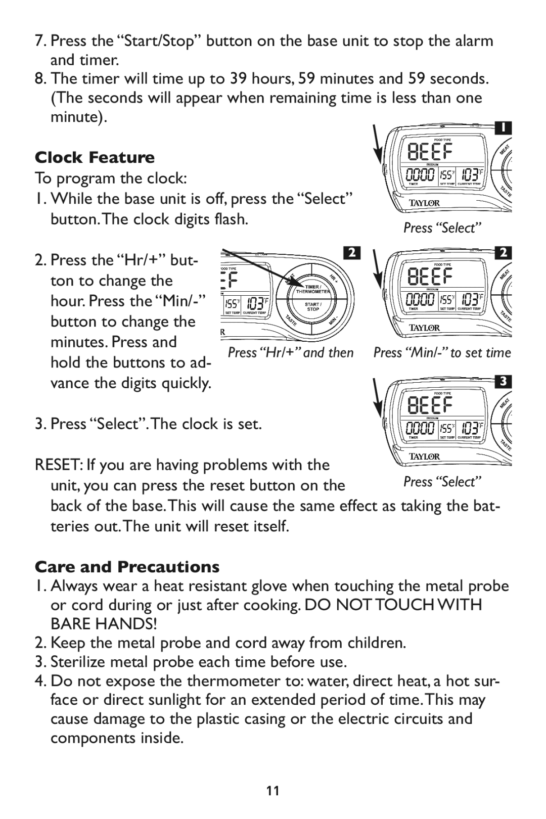 Taylor 1479-21, 532 Clock Feature, Hold the buttons to ad, Reset If you are having problems with, Care and Precautions 