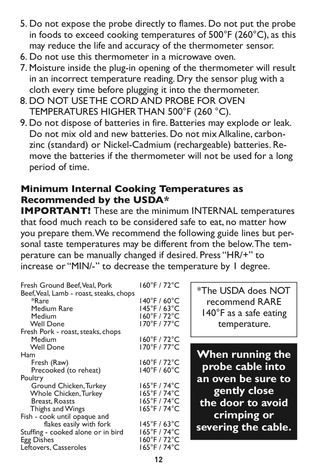 Taylor 532, 1479-21 Do not use this thermometer in a microwave oven, Minimum Internal Cooking Temperatures as 