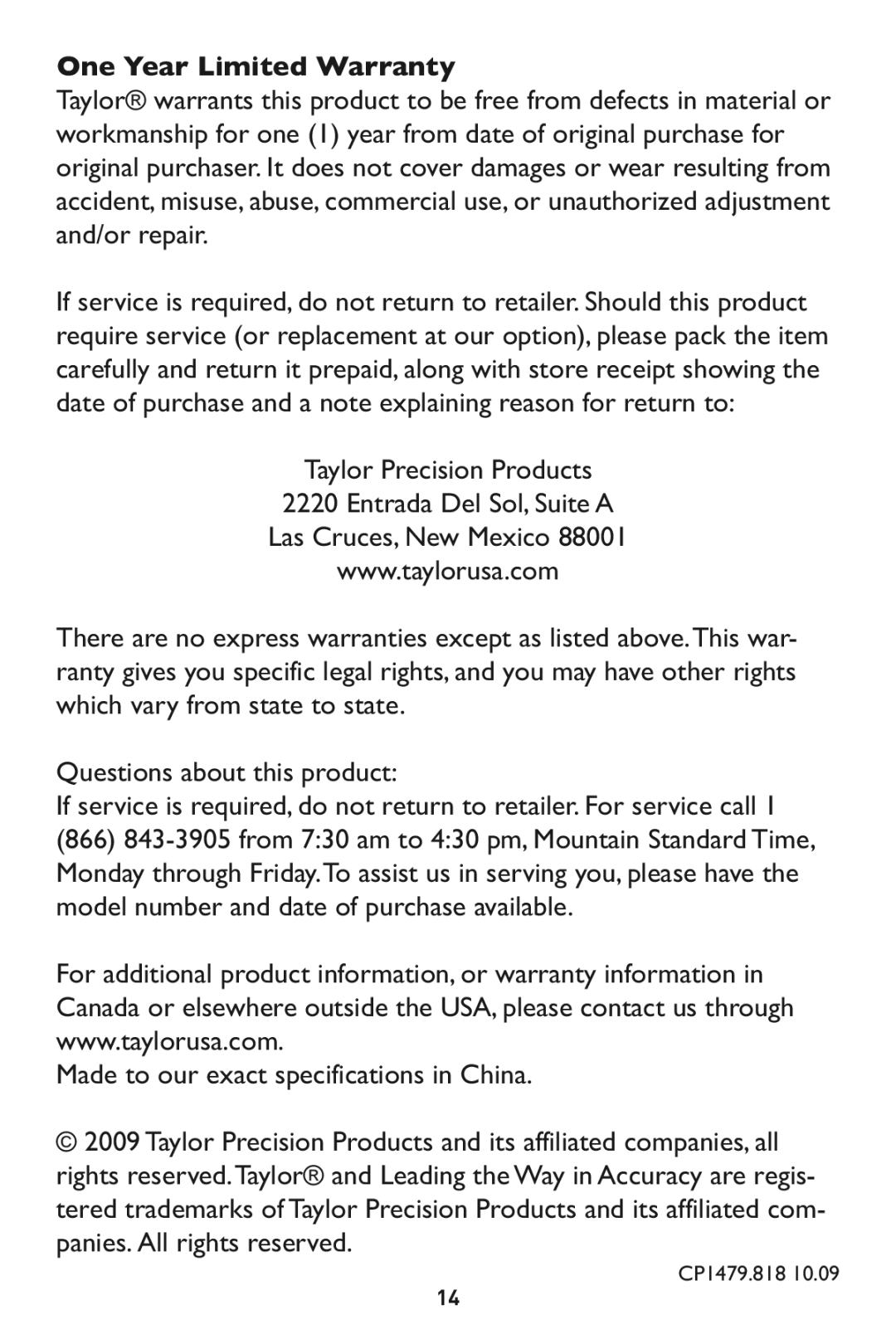 Taylor 532, 1479-21 instruction manual One Year Limited Warranty 