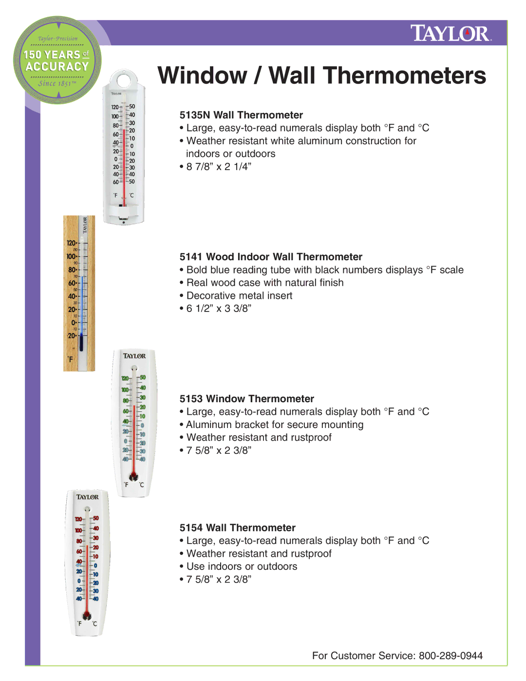 Taylor 5132N, 5535N, 5504, 5316N, 5109 manual 5135N Wall Thermometer, Wood Indoor Wall Thermometer, Window Thermometer 