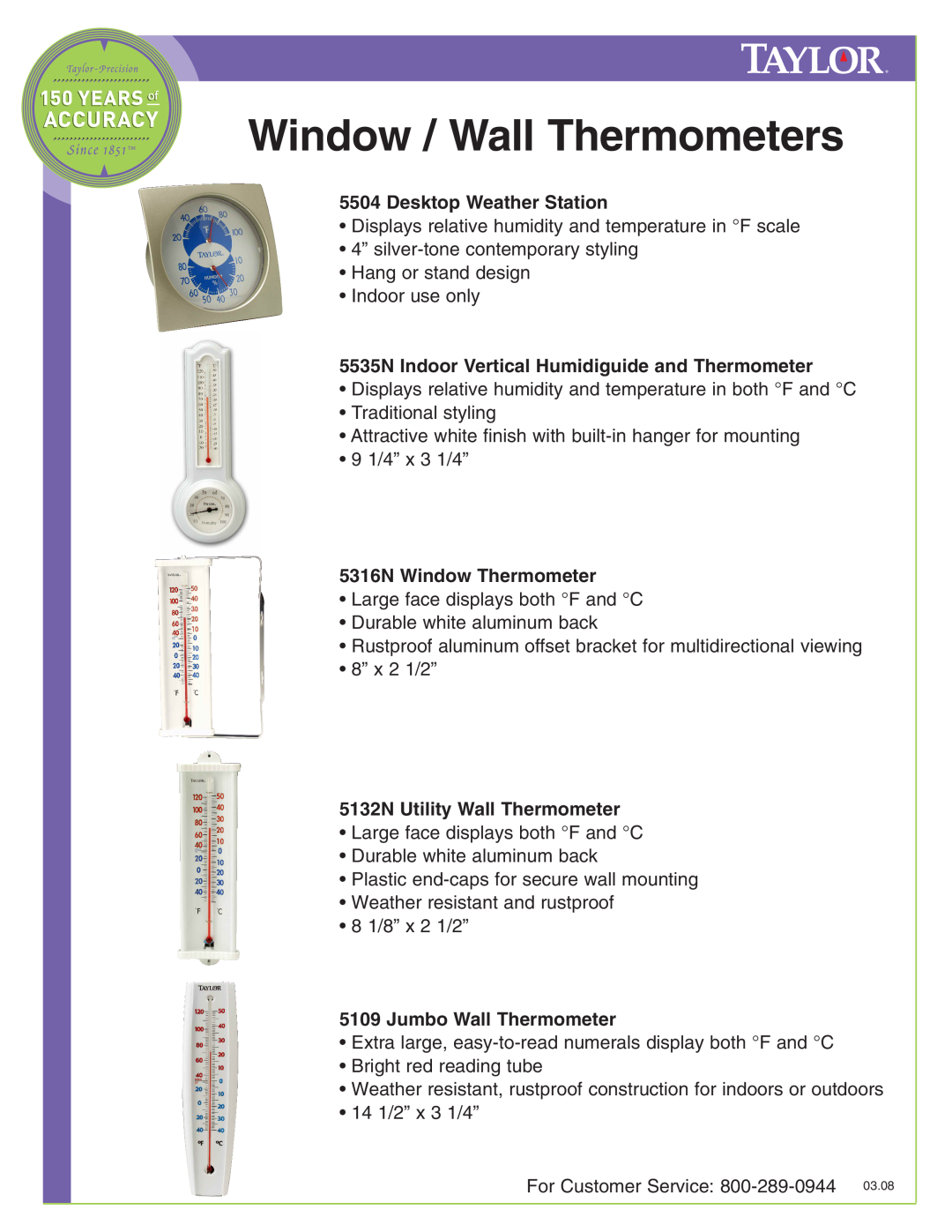 Taylor 5504 manual Window / Wall Thermometers, Desktop Weather Station, 5535N Indoor Vertical Humidiguide and Thermometer 