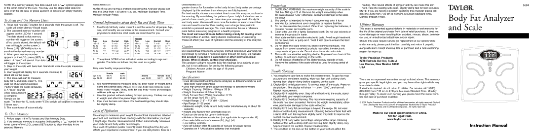 Taylor 5594 instruction manual To Access and Use Memory Data, To Clear Memory, Level of Hydration, Specifications 