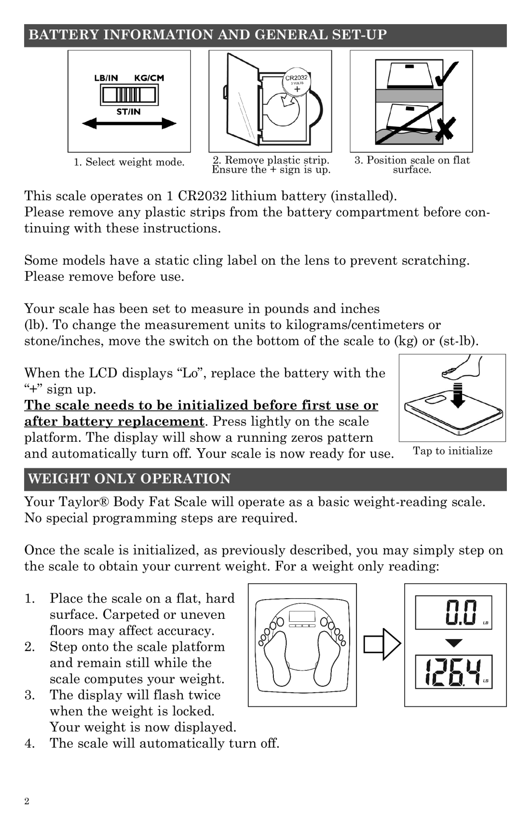 Taylor 5754 instruction manual Battery Information and General SET-UP, Weight only Operation 