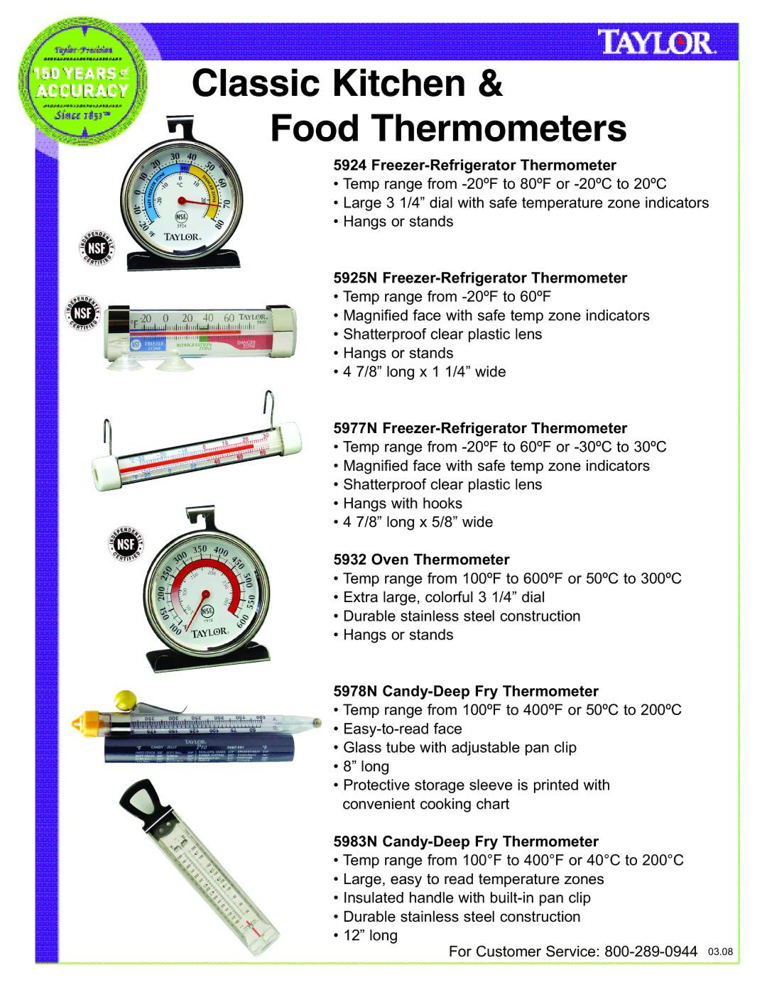 Taylor 5983N manual 5925N Freezer-Refrigerator Thermometer, 5977N Freezer-Refrigerator Thermometer, Oven Thermometer 