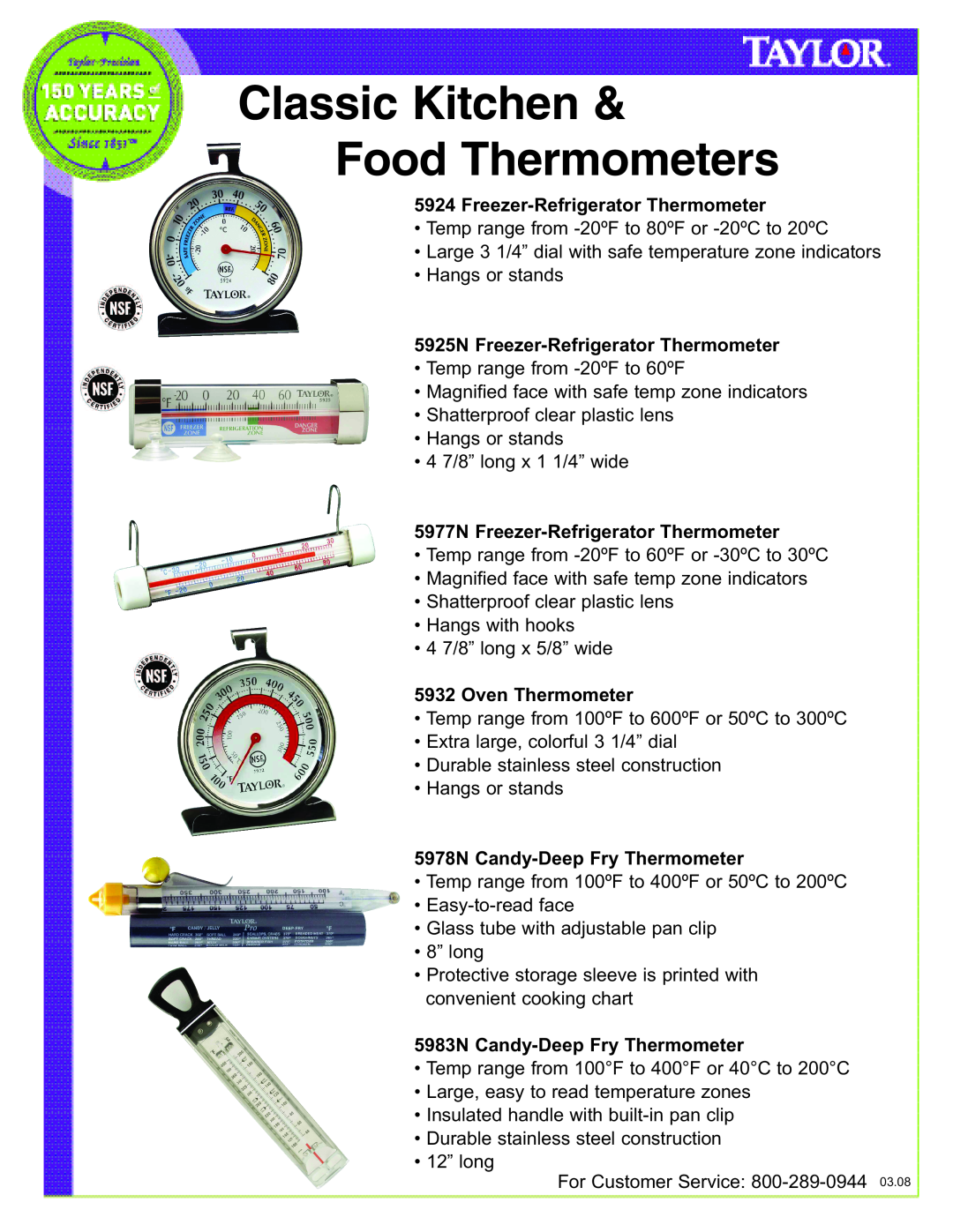 Taylor 5983N, 5932, 5925N manual Classic Kitchen & Food Thermometers, Freezer-Refrigerator Thermometer, Oven Thermometer 