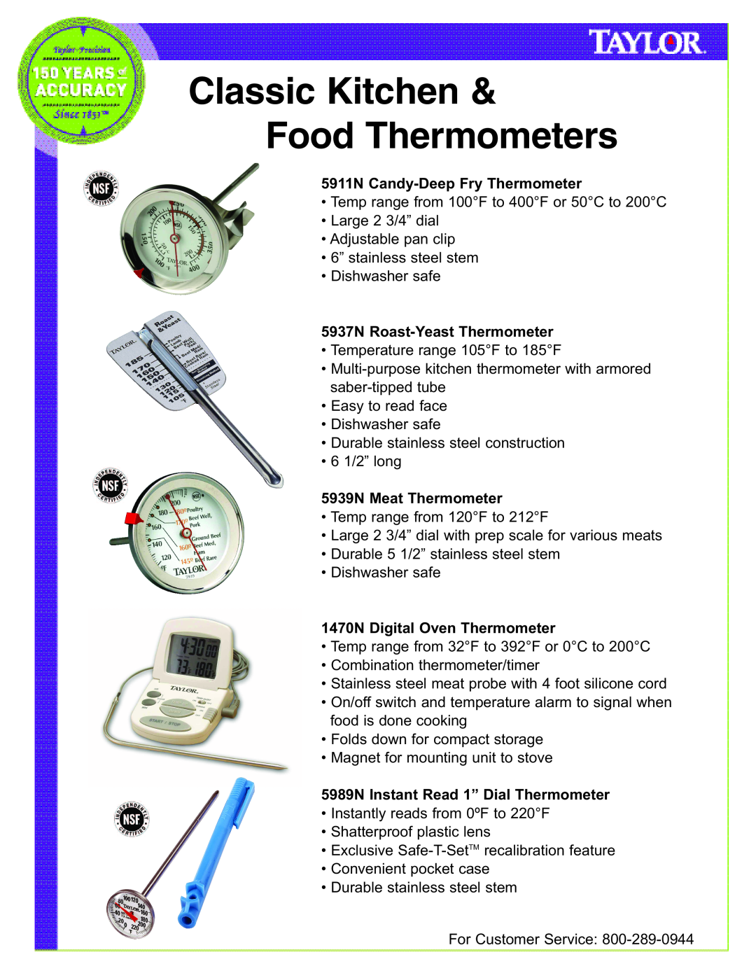 Taylor 5925N, 5932, 5983N, 5924 manual 5911N Candy-Deep Fry Thermometer, 5937N Roast-Yeast Thermometer, 5939N Meat Thermometer 
