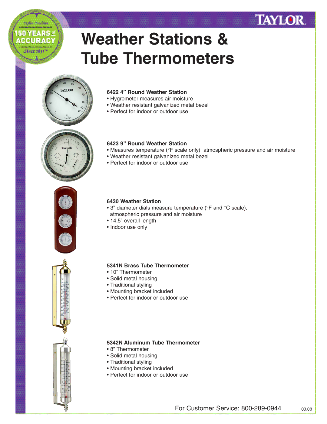 Taylor 6430, 6422, 6423, 5341N, 5342N manual Weather Stations Tube Thermometers 