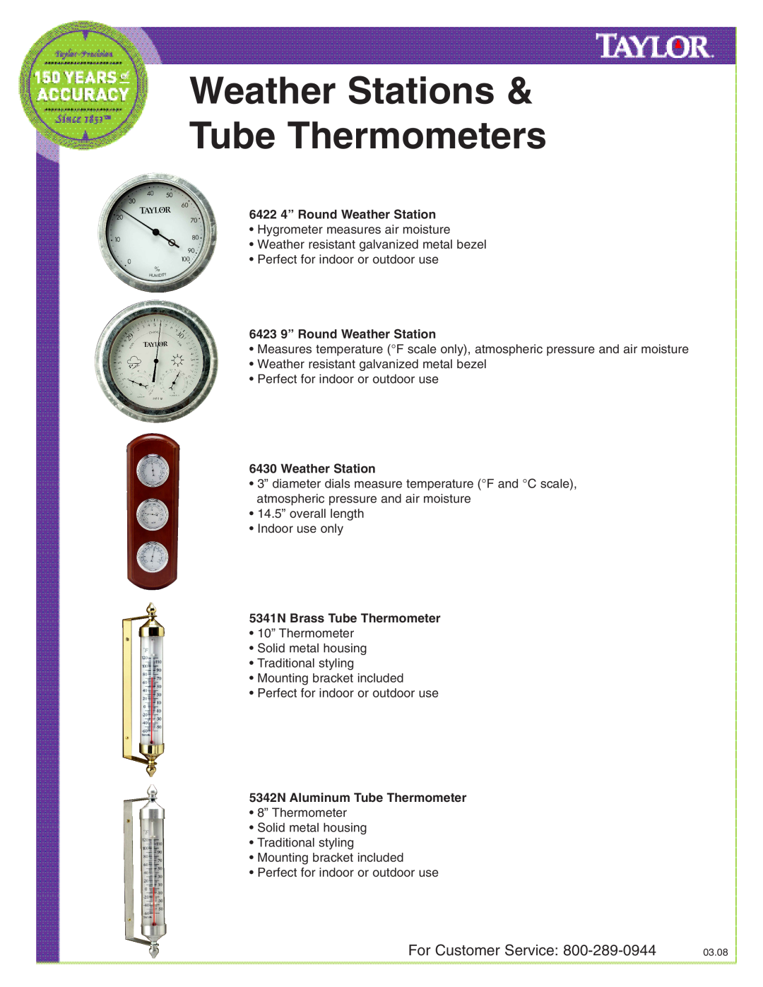 Taylor 6430, 6423, 5341N manual Weather Stations Tube Thermometers, For Customer Service, 6422 4” Round Weather Station 