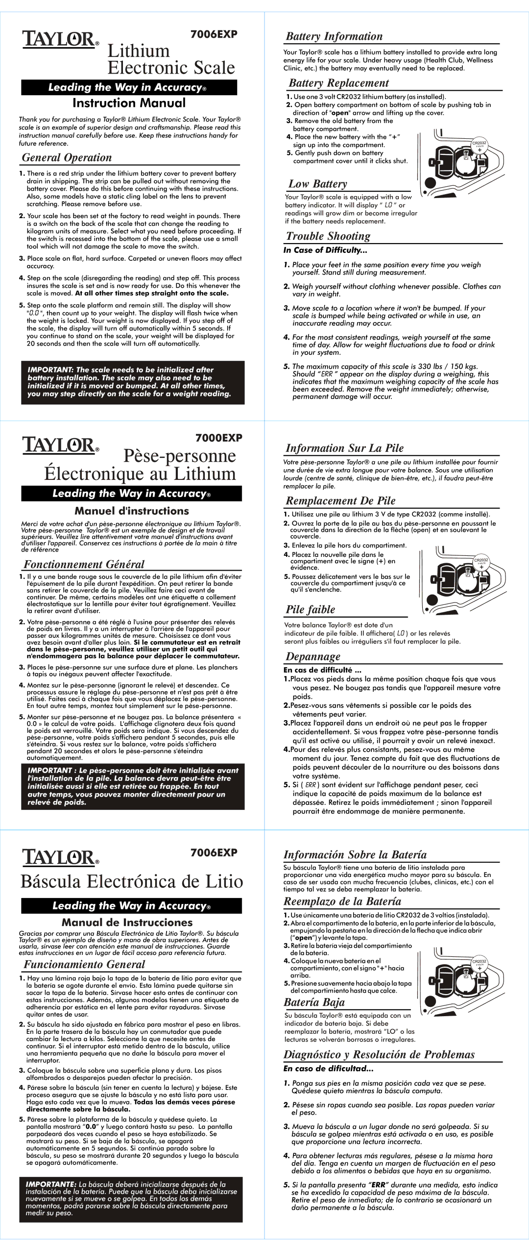 Taylor 7006EXP instruction manual Battery Information, Battery Replacement, General Operation, Low Battery, Pile faible 