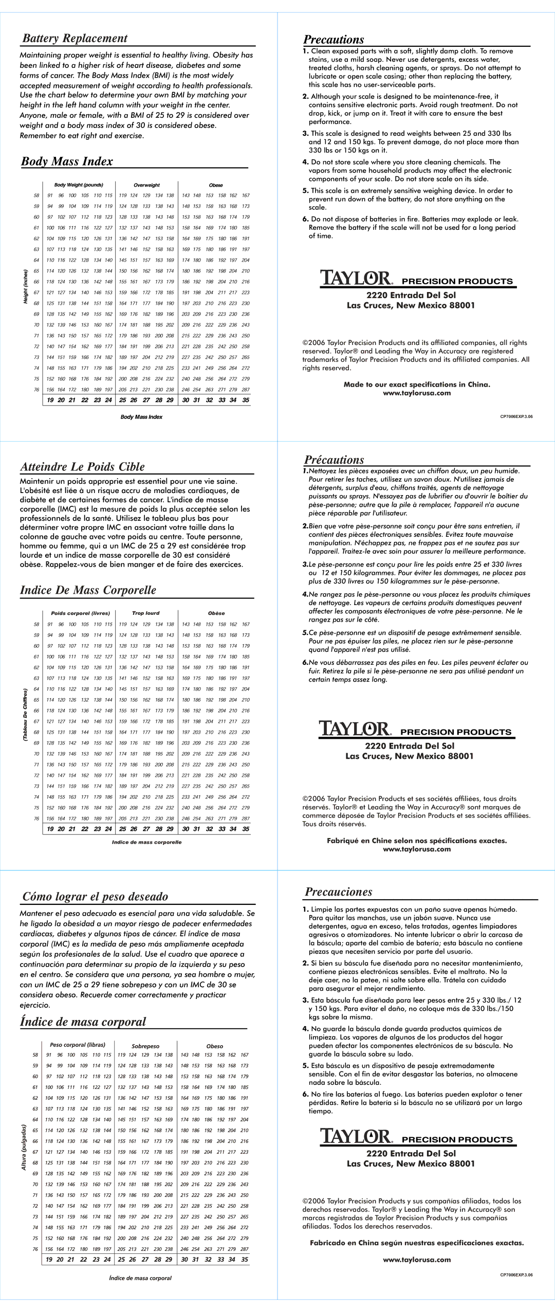 Taylor 7006EXP Atteindre Le Poids Cible Précautions, Indice De Mass Corporelle, Cómo lograr el peso deseado, Precauciones 