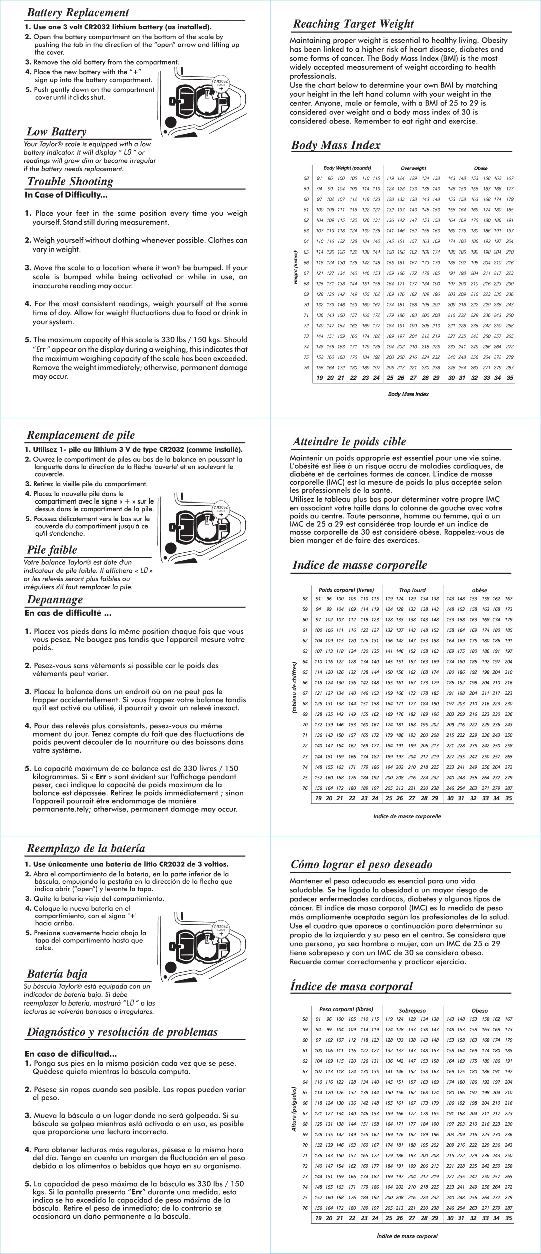 Taylor 7322EXP Battery Replacement, Low Battery, Trouble Shooting, Reaching Target Weight, Remplacement de pile, Depannage 