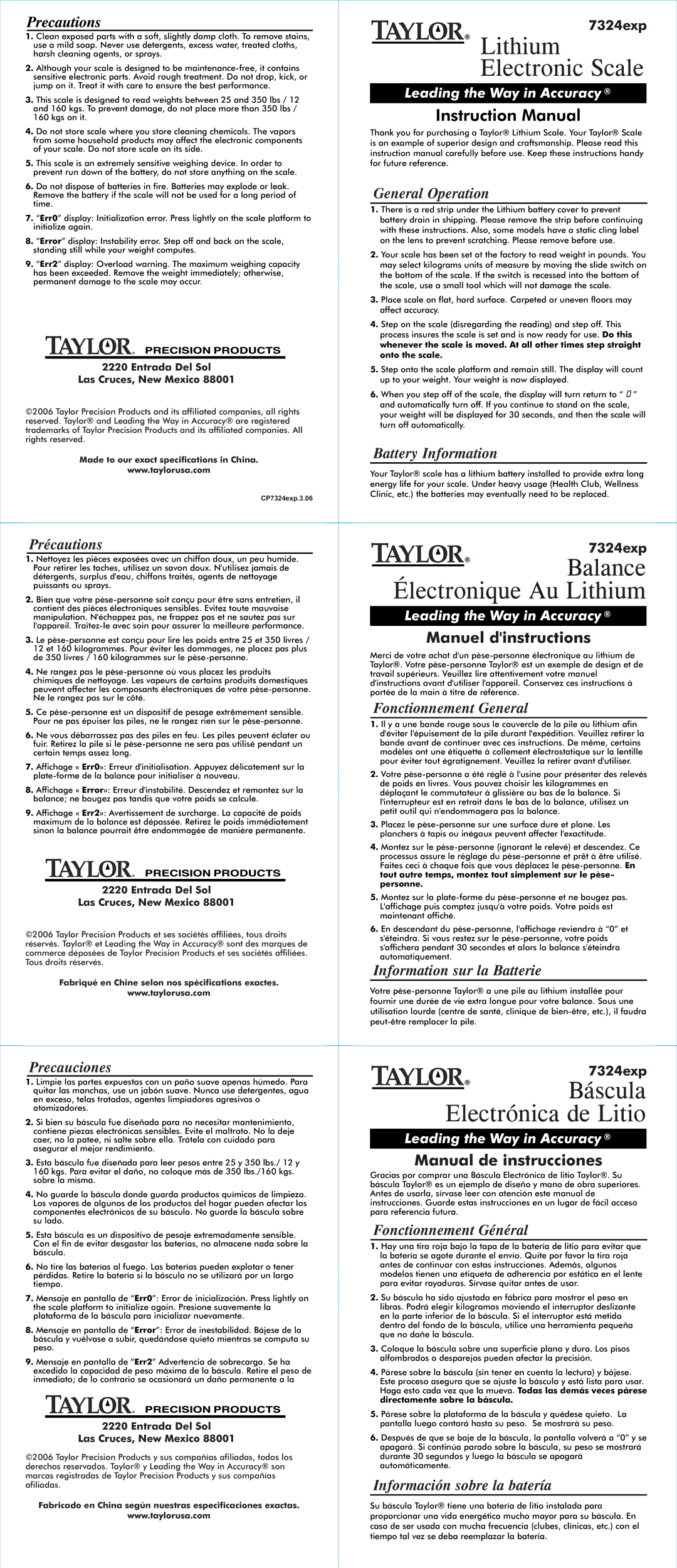 Taylor 7324EXP specifications Electronic Scale, Balance, Électronique Au Lithium, Báscula, Electrónica de Litio 