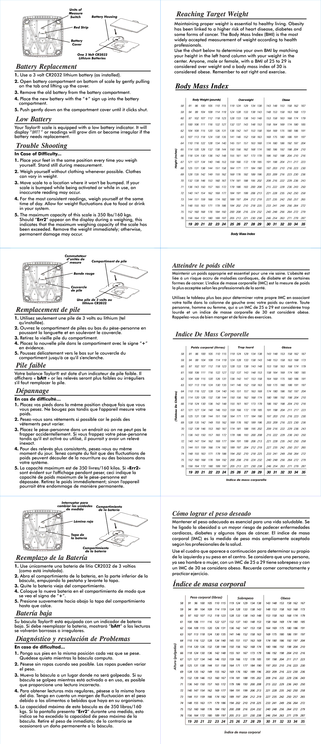 Taylor 7324EXP Battery Replacement, Low Battery, Trouble Shooting, Remplacement de pile, Reaching Target Weight, Dépannage 