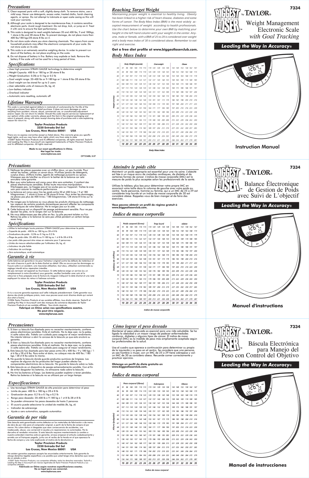 Taylor 7334 specifications Specifications, Précautions, Spécifications, Garantie à vie, Atteindre le poids cible 