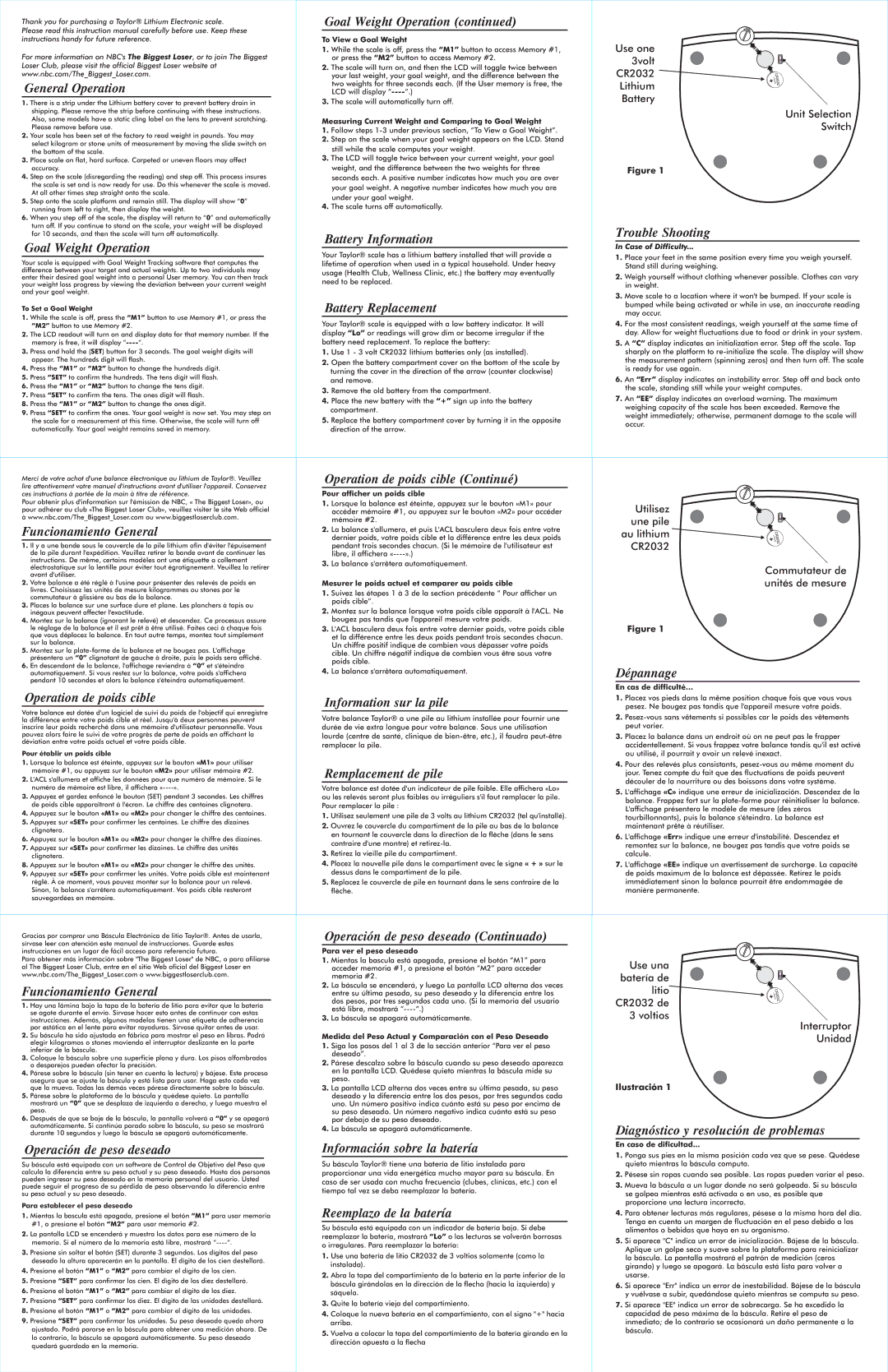 Taylor 7334 General Operation, Goal Weight Operation, Battery Information, Battery Replacement, Trouble Shooting 