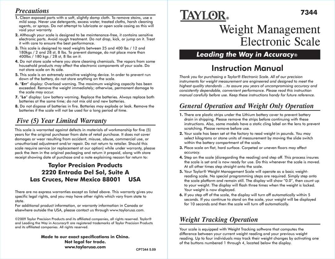 Taylor 7344 specifications Precautions, Five 5 Year Limited Warranty, General Operation and Weight Only Operation 