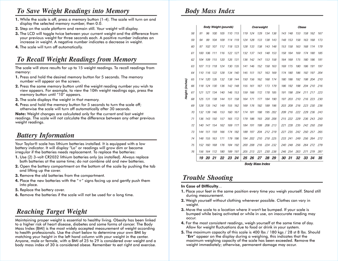 Taylor 7344 specifications To Save Weight Readings into Memory, To Recall Weight Readings from Memory, Battery Information 