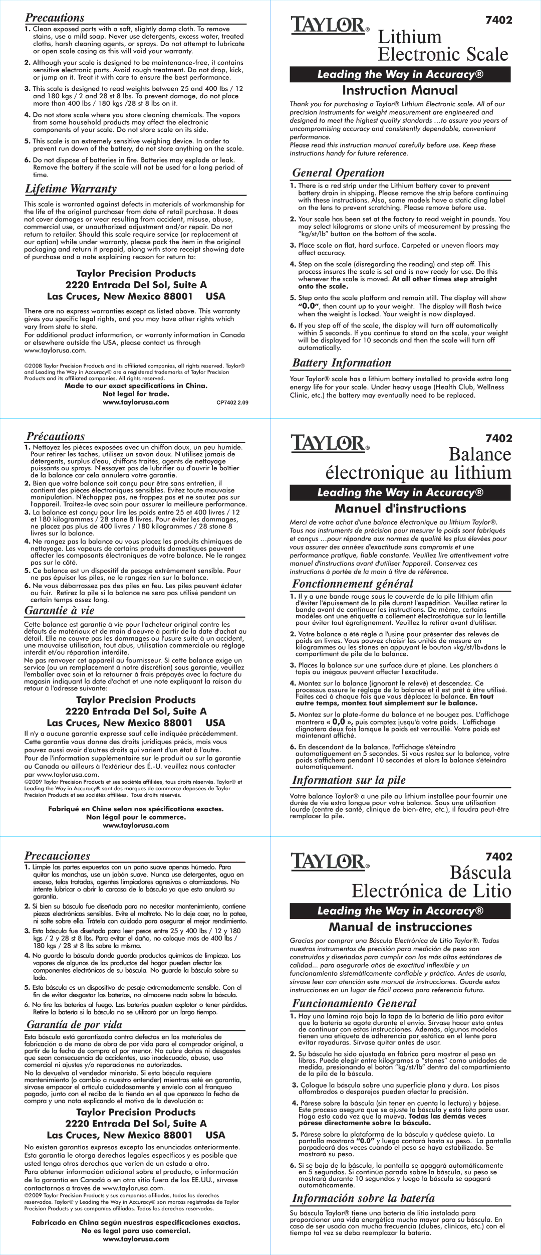 Taylor 7402 instruction manual General Operation, Battery Information, Précautions, Garantie à vie, Precauciones 