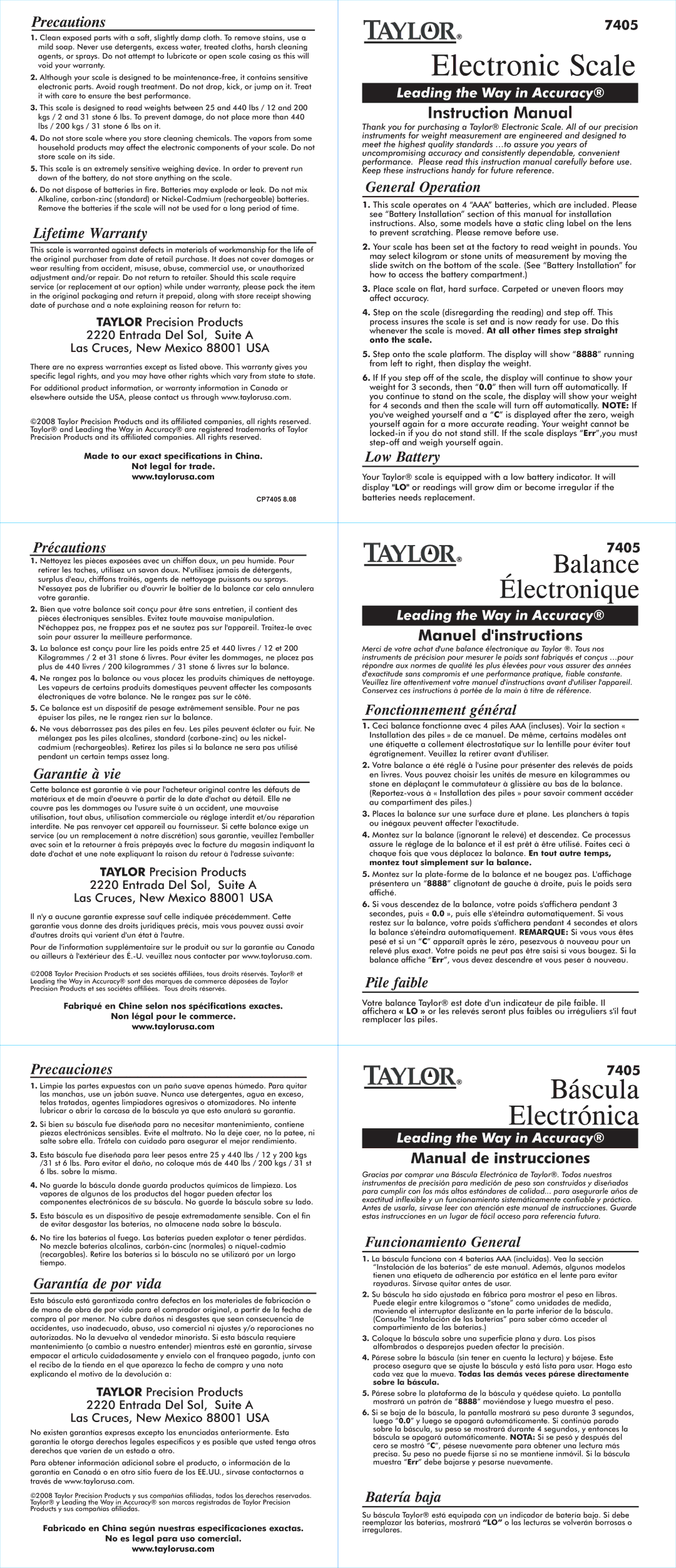 Taylor 7405 warranty Lifetime Warranty, Précautions, Garantie à vie, Precauciones, Garantía de por vida, General Operation 