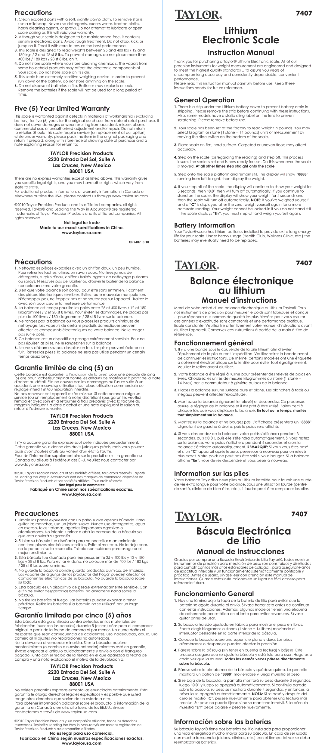 Taylor 7407 instruction manual Precautions, Five 5 Year Limited Warranty, Précautions, Garantie limitée de cinq 5 an 