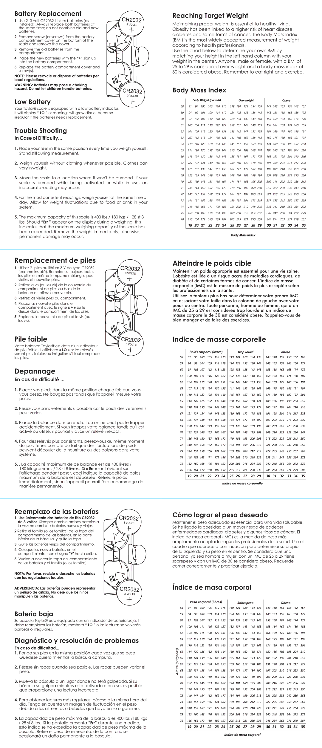 Taylor 7407 Remplacement de piles, Pile faible, Depannage, Atteindre le poids cible, Indice de masse corporelle 