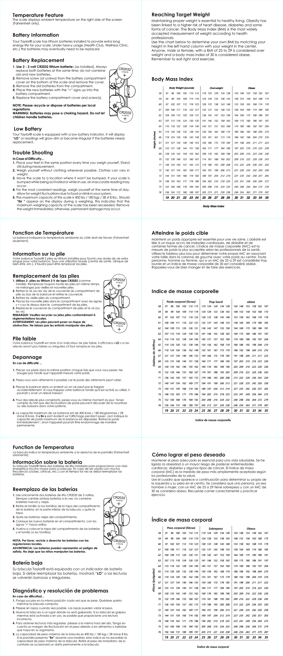 Taylor 7409 Temperature Feature, Battery Information, Battery Replacement, Low Battery, Trouble Shooting, Pile faible 