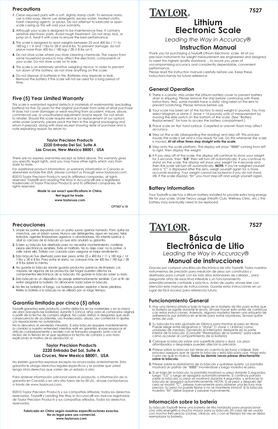 Taylor 7527 instruction manual Lithium, Electronic Scale, Báscula, Electrónica de Litio 