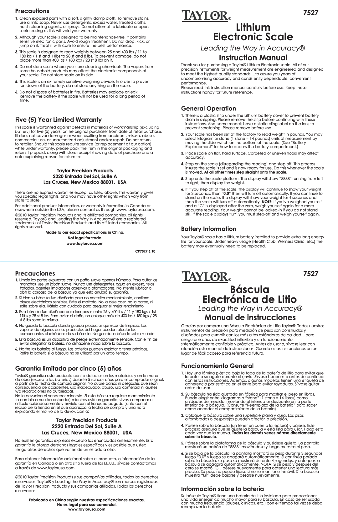 Taylor 7527 instruction manual Lithium, Electronic Scale, Báscula, Electrónica de Litio, Instruction Manual 