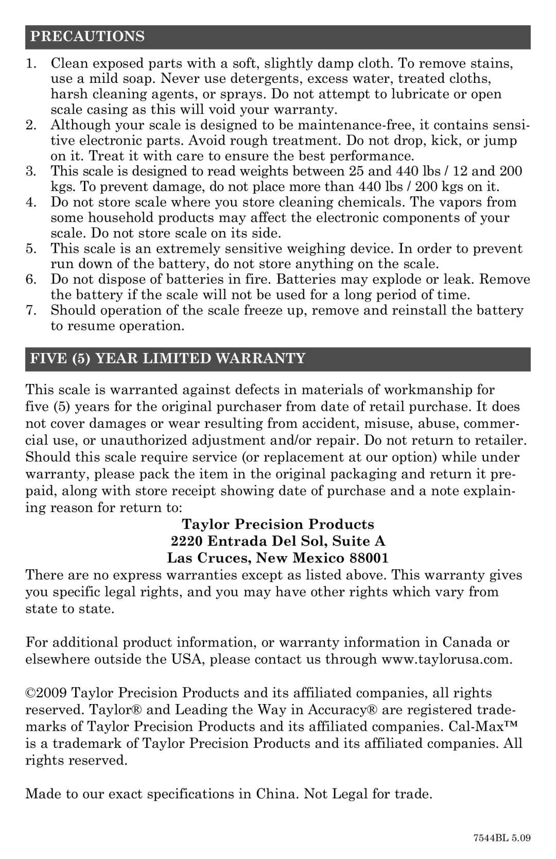 Taylor 7544BL instruction manual Precautions, Five 5 Year Limited Warranty, Entrada Del Sol, Suite a Las Cruces, New Mexico 