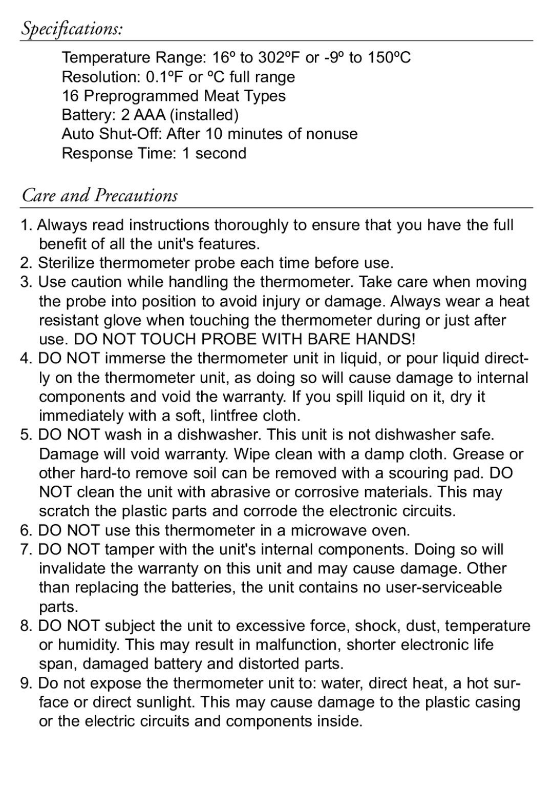 Taylor 816 instruction manual Specifications, Care and Precautions 