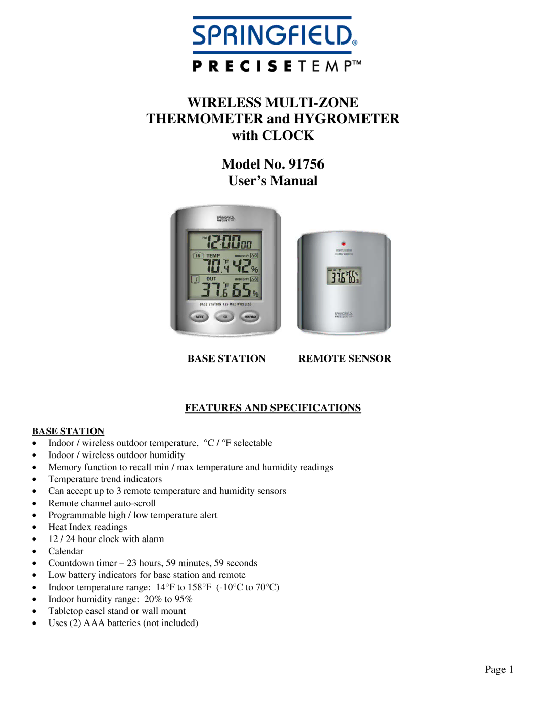 Taylor 91756 user manual Base Station Remote Sensor Features and Specifications 